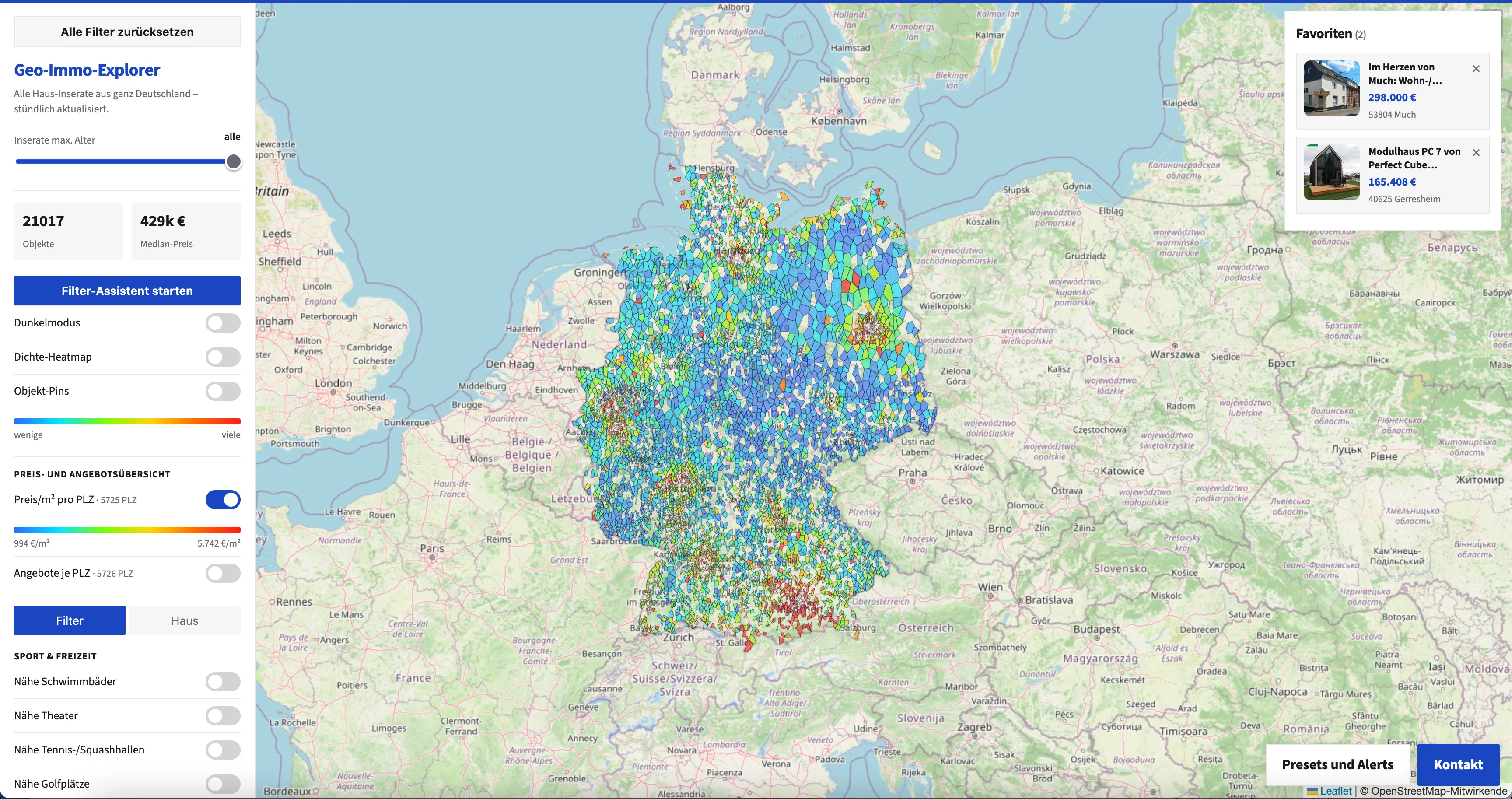 Durchschnittlicher €/m² pro PLZ in ganz Deutschland – ein Choropleth, clientseitig aus den Rohdaten gerechnet